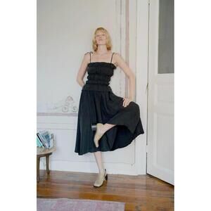 Anthropologie OhSevenDays Crinkle Cocktail Midi black Dress XS luxury Smocked